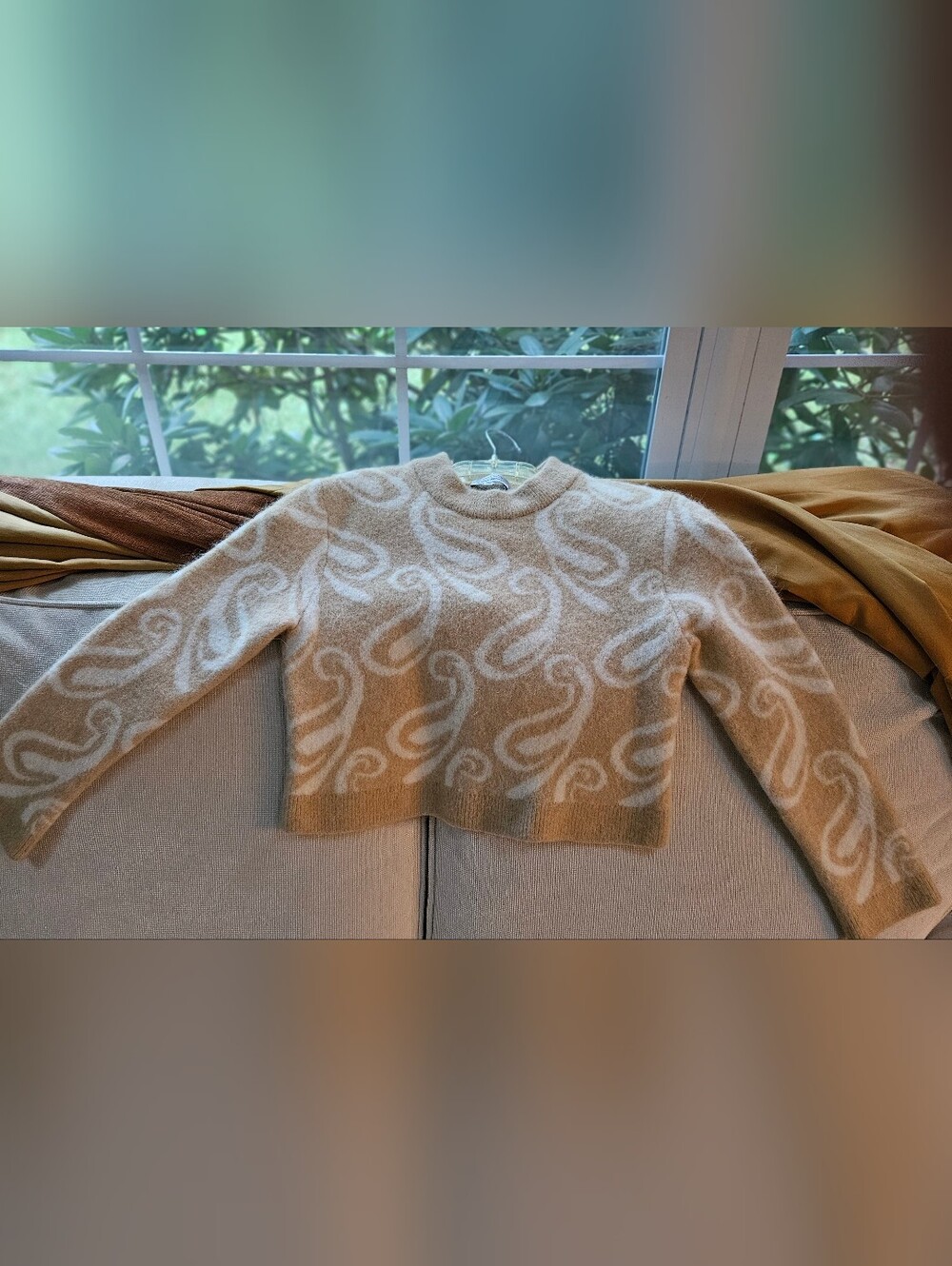 & Other Stories Paisley Jacquard Alpaca Wool Knit Crop Sweater Camel Cream XS✍